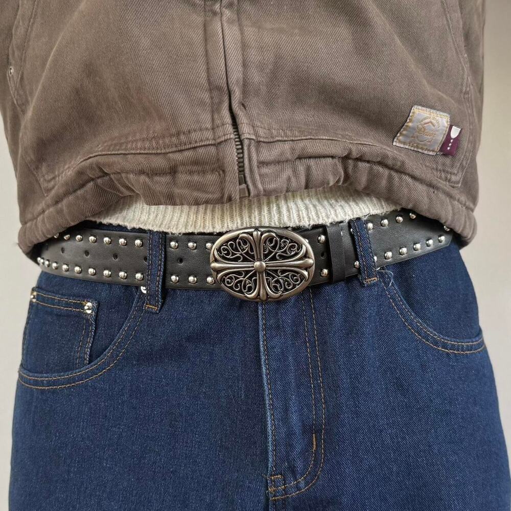Vintage Chrome Cross Studded Black Belt – Silver Grunge Unisex Style, New - Picture 4 of 8